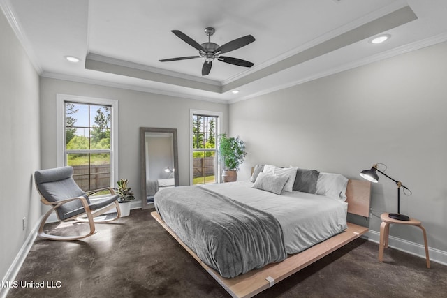 123 Bailey Cv, Canton, MS 39046 - bedroom with baseboards, crown molding, a tray ceiling, ceiling fan, and recessed lighting