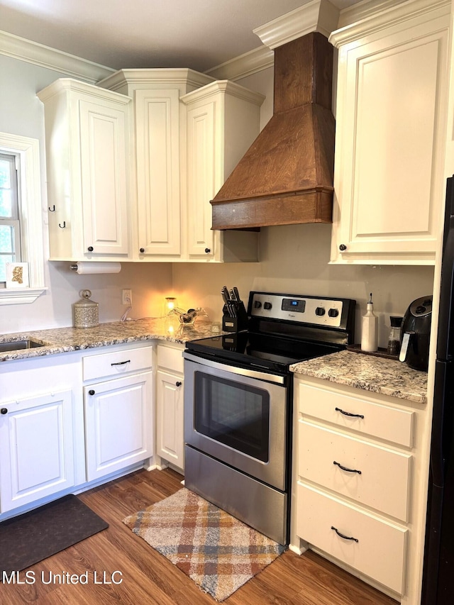 4 Bayou Ln, Natchez, MS 39120 - kitchen featuring dark wood-style floors, freestanding refrigerator, stainless steel range with electric cooktop, custom range hood, and crown molding