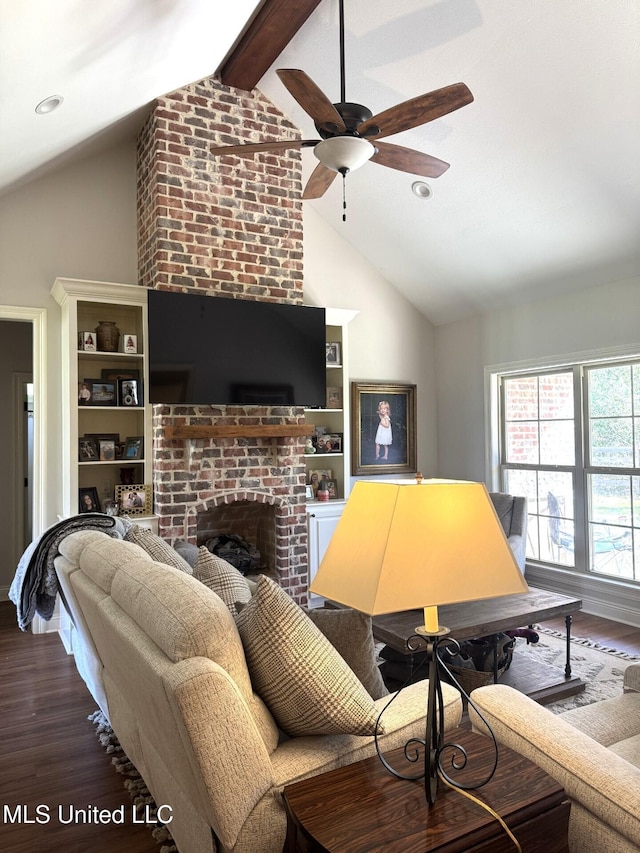4 Bayou Ln, Natchez, MS 39120 - living room with a brick fireplace, vaulted ceiling with beams, recessed lighting, wood finished floors, and a ceiling fan