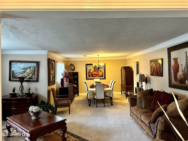 carpeted living room featuring a chandelier, a textured ceiling, and crown molding