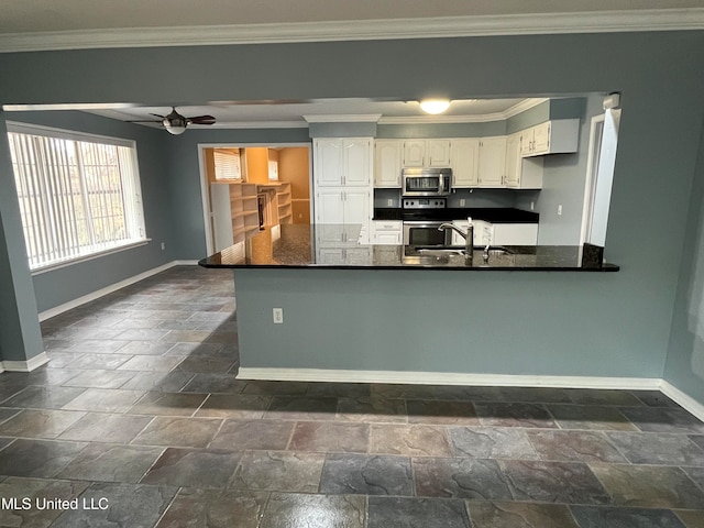 kitchen featuring ornamental molding, kitchen peninsula, white cabinets, and sink