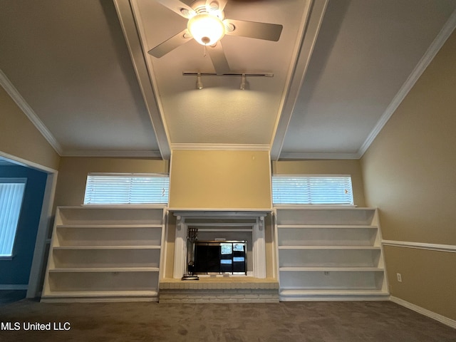 stairway featuring ornamental molding, carpet, lofted ceiling, and ceiling fan