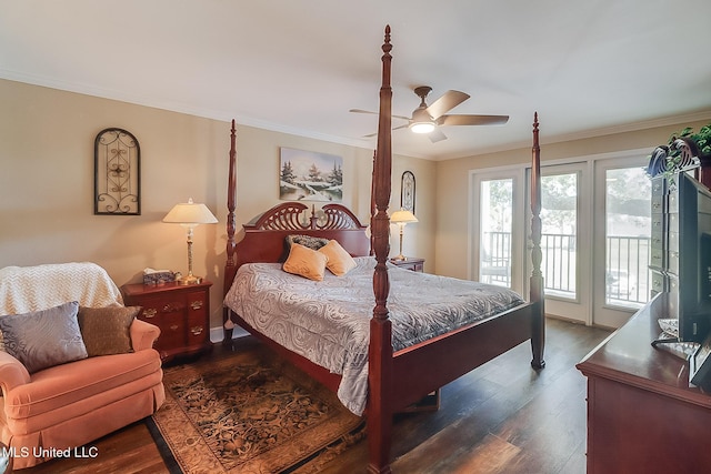 bedroom featuring access to exterior, dark wood-style floors, ornamental molding, and a ceiling fan