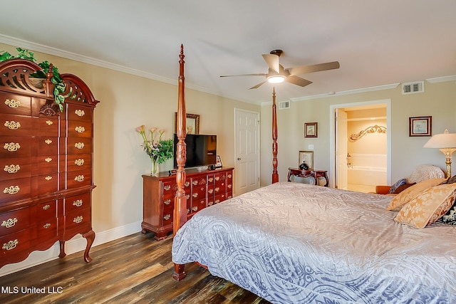 bedroom featuring dark wood-style flooring, crown molding, baseboards, connected bathroom, and a ceiling fan