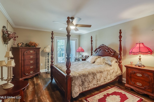 bedroom featuring dark wood finished floors, ornamental molding, baseboards, and a ceiling fan