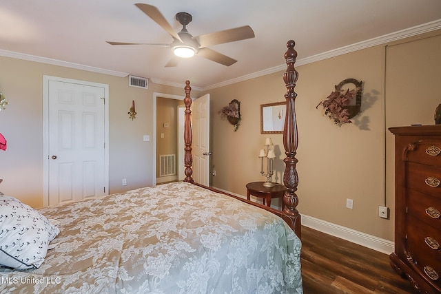 bedroom featuring crown molding, dark wood-style floors, baseboards, and ceiling fan
