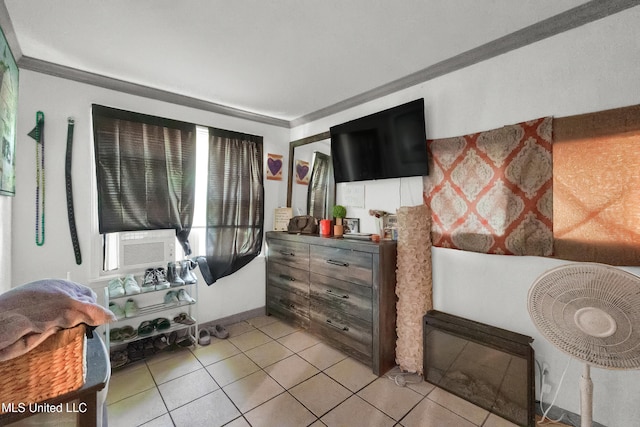 tiled bedroom with cooling unit and ornamental molding