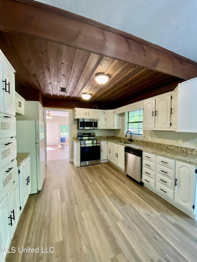 kitchen with stainless steel appliances, a sink, wood ceiling, and light wood-style flooring
