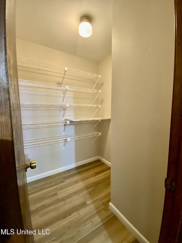 walk in closet with wood finished floors