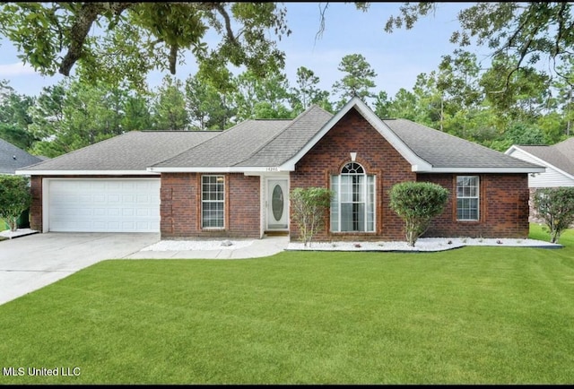 ranch-style home with an attached garage, brick siding, a shingled roof, concrete driveway, and a front yard