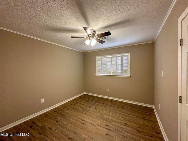 empty room with crown molding, hardwood / wood-style flooring, a textured ceiling, and ceiling fan