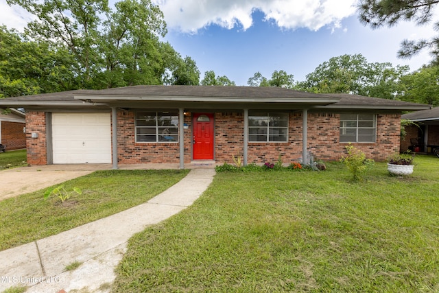 ranch-style house with a garage and a front lawn