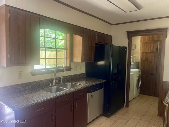 2909 Pimlico Dr, Ocean Springs, MS 39564 - kitchen featuring stainless steel dishwasher, a sink, ornamental molding, and light tile patterned floors