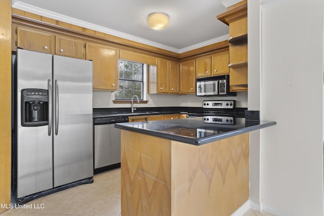 kitchen featuring open shelves, a peninsula, a sink, stainless steel appliances, and dark countertops