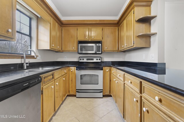 kitchen featuring dark countertops, a sink, ornamental molding, stainless steel appliances, and open shelves