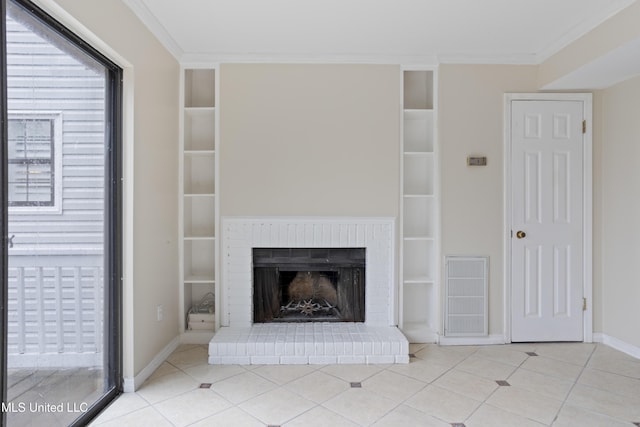 unfurnished living room with crown molding, built in shelves, and a wealth of natural light