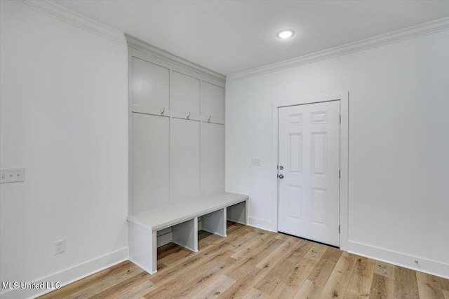 mudroom featuring crown molding and light wood-type flooring