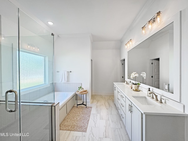 full bath with a bath, a sink, double vanity, a stall shower, and marble finish floor