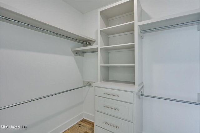 walk in closet with light wood finished floors