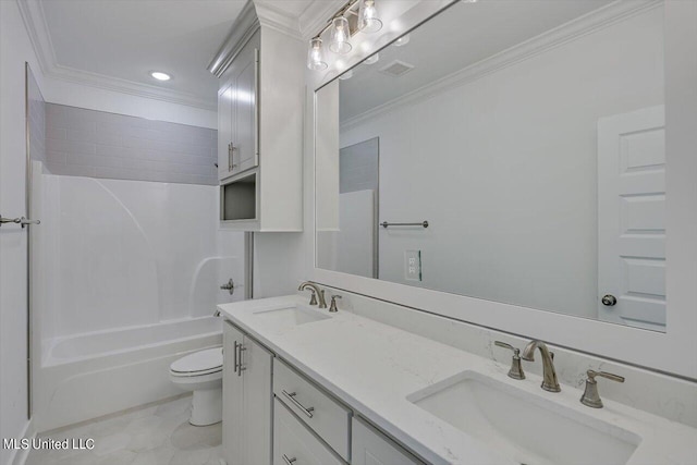 full bathroom featuring vanity, crown molding, bathing tub / shower combination, and toilet