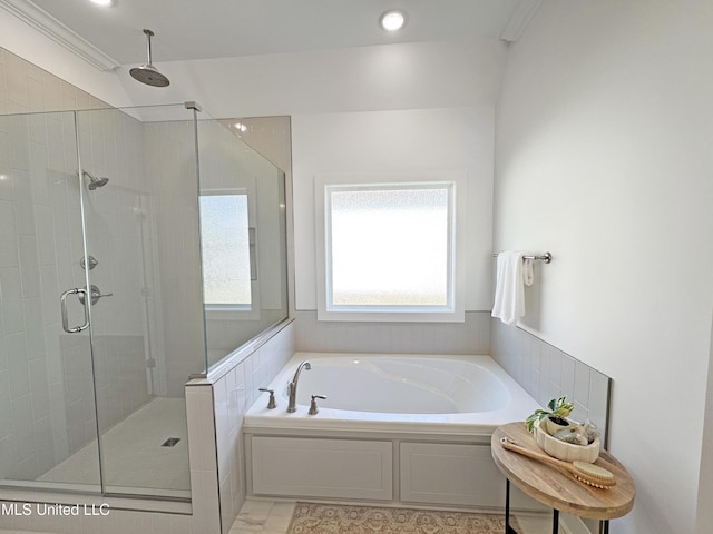 bathroom featuring a garden tub, recessed lighting, a shower stall, and crown molding