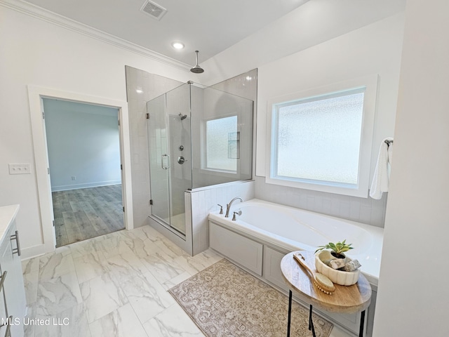 full bath featuring a shower stall, marble finish floor, visible vents, vanity, and a garden tub