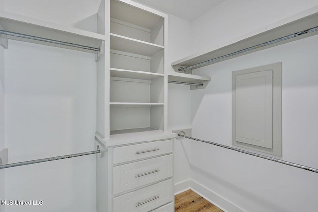 walk in closet with light wood-style flooring