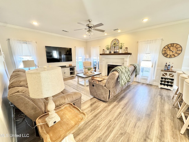 living room featuring ceiling fan, light wood-type flooring, and ornamental molding