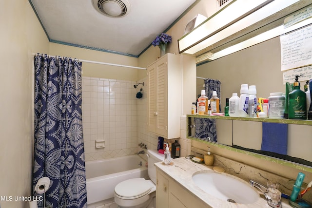 bathroom with vanity, shower / bathtub combination with curtain, and toilet
