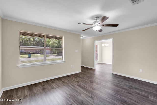 2309 Cottonwood Dr, Gulfport, MS 39503 - unfurnished room with ornamental molding, ceiling fan with notable chandelier, wood finished floors, and visible vents