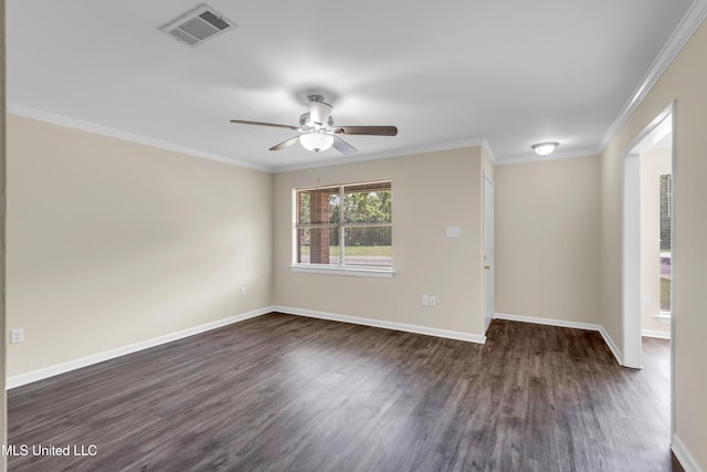 2309 Cottonwood Dr, Gulfport, MS 39503 - empty room featuring crown molding, a ceiling fan, baseboards, visible vents, and dark wood-style floors