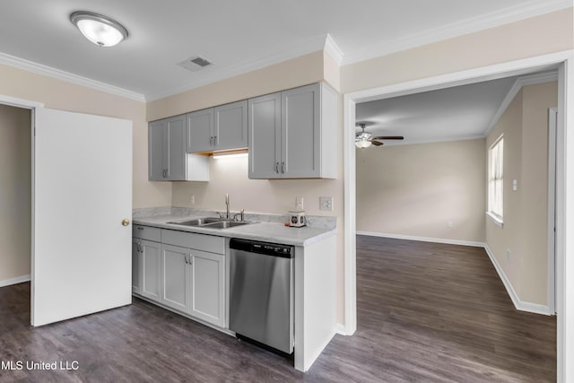 2309 Cottonwood Dr, Gulfport, MS 39503 - kitchen featuring ceiling fan, crown molding, stainless steel dishwasher, a sink, and dark wood-type flooring