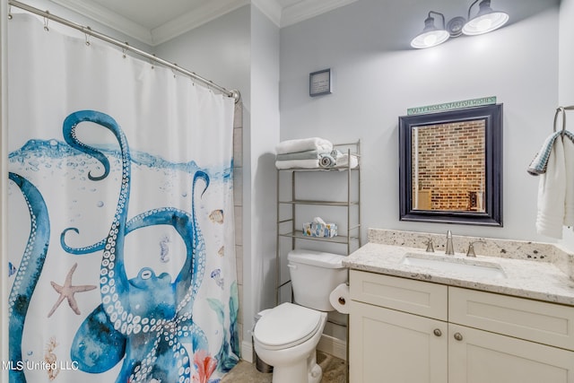 bathroom featuring vanity, crown molding, a shower with shower curtain, and toilet