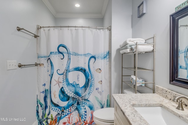 bathroom with toilet, ornamental molding, walk in shower, and vanity