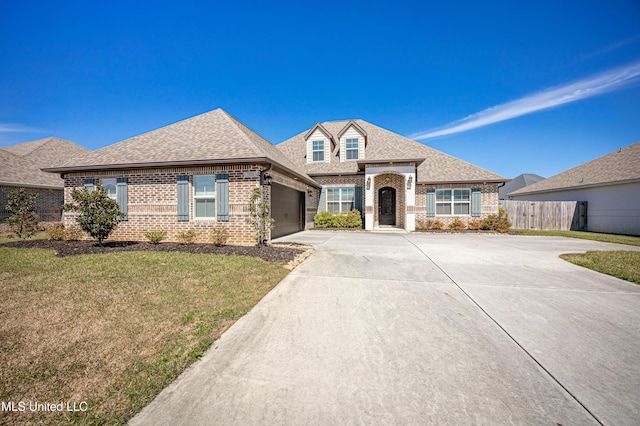 view of front of home featuring brick siding, a shingled roof, fence, driveway, and a front yard