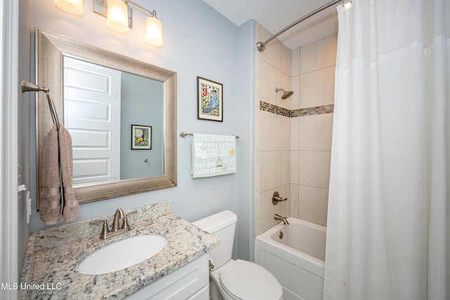 full bathroom featuring shower / bathtub combination with curtain, toilet, and vanity