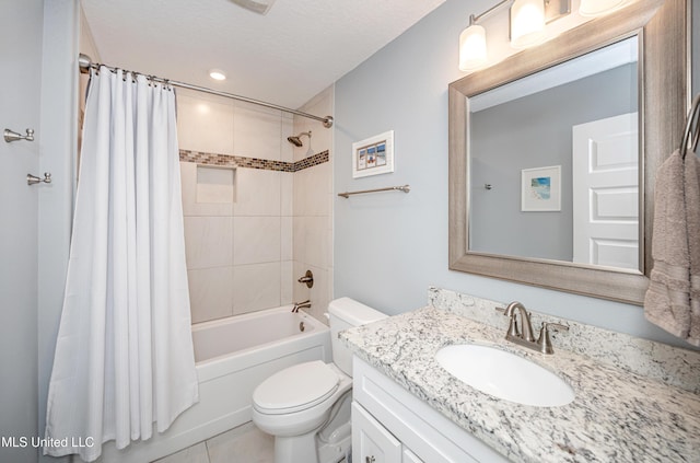 full bath with toilet, shower / bathtub combination with curtain, a textured ceiling, and vanity