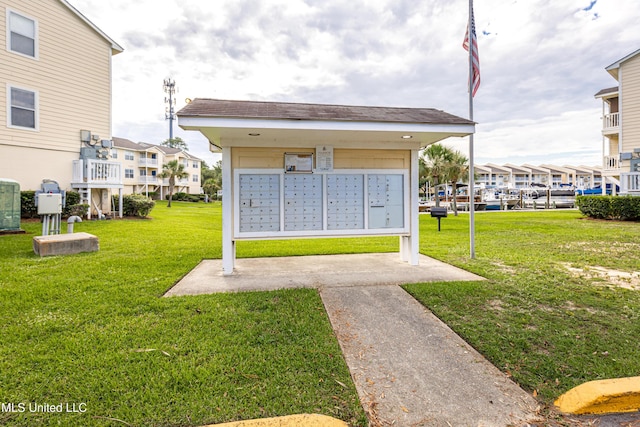 view of home's community featuring a mail area and a lawn