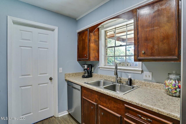 kitchen with dark wood-type flooring, dark brown cabinetry, dishwasher, and sink