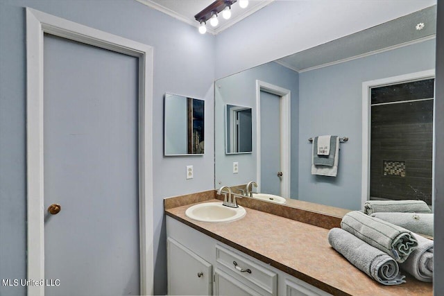 bathroom with crown molding and vanity