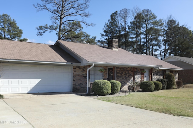 single story home with a garage, a porch, and a front yard