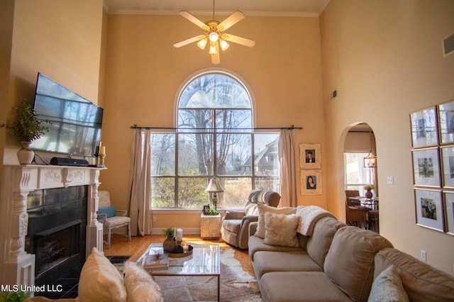 living room featuring a fireplace, light hardwood / wood-style flooring, a wealth of natural light, and ornamental molding