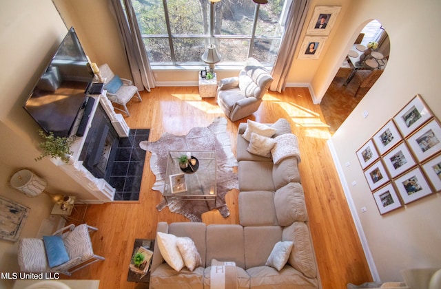 living room featuring hardwood / wood-style flooring and a tile fireplace