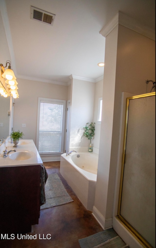 bathroom featuring crown molding, vanity, and independent shower and bath