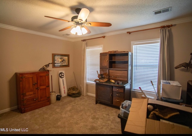 carpeted office space featuring a textured ceiling, ceiling fan, and crown molding