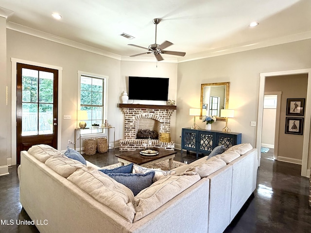 living room featuring baseboards, ceiling fan, concrete flooring, ornamental molding, and recessed lighting