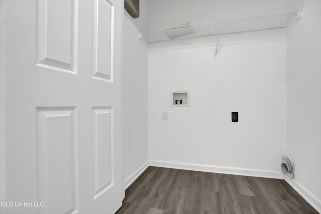 clothes washing area with hookup for a washing machine, hookup for an electric dryer, laundry area, baseboards, and dark wood-style floors