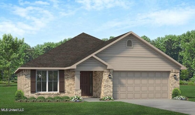 single story home with a garage, a shingled roof, concrete driveway, a front lawn, and brick siding