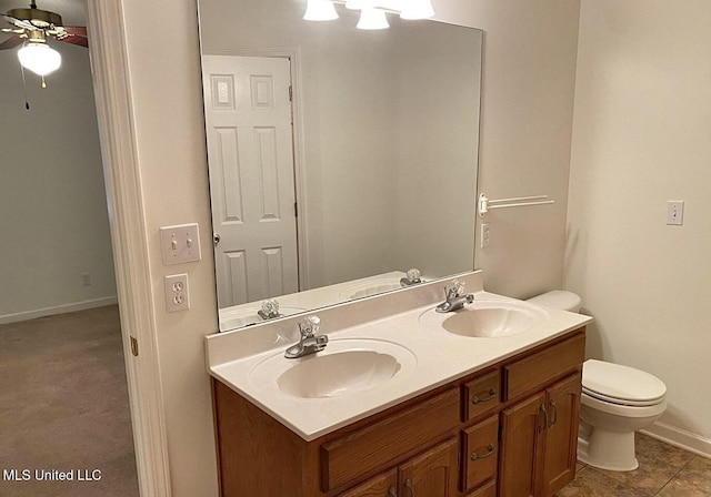 bathroom featuring tile patterned floors, vanity, toilet, and ceiling fan