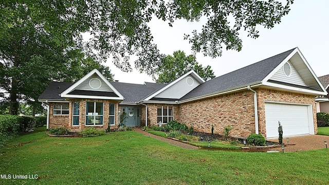 6936 Aulena Pl, Diamondhead, MS 39525 - view of front facade featuring brick siding, a garage, a front yard, and roof with shingles